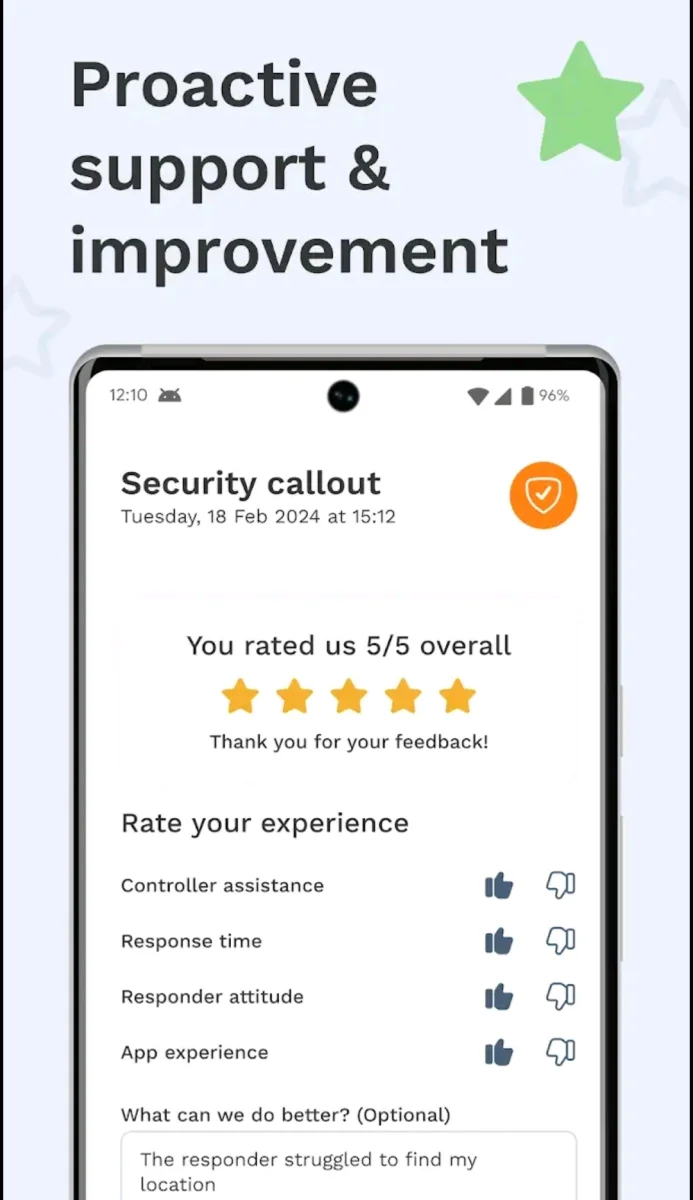 TravelShield post-incident feedback and rating screen