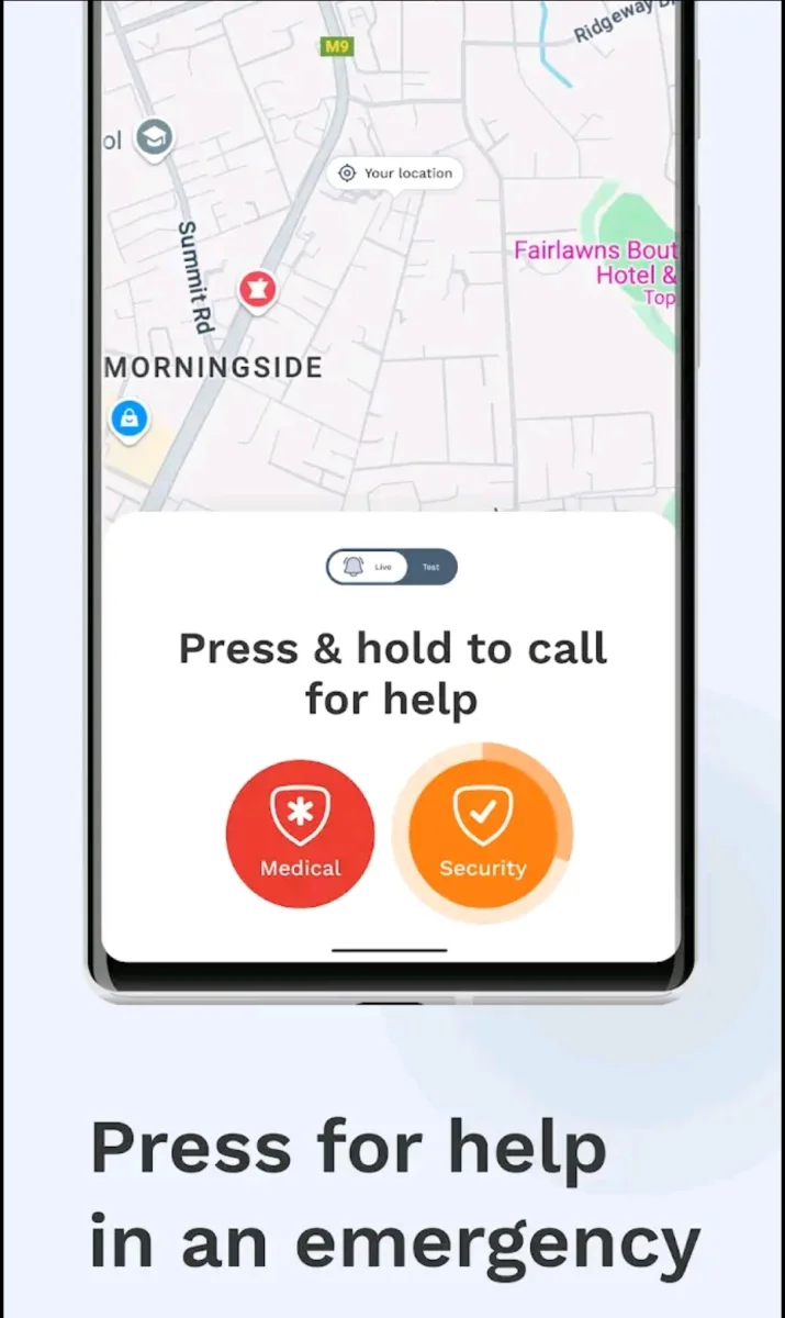 TravelShield app panic screen with Medical and Security emergency buttons